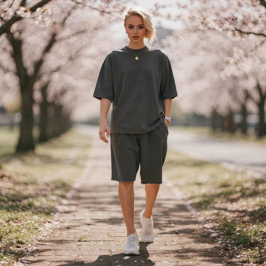 View of a relaxed fit crew neck short sleeve midi dress in soft cotton, featuring a flowing silhouette and a solid color