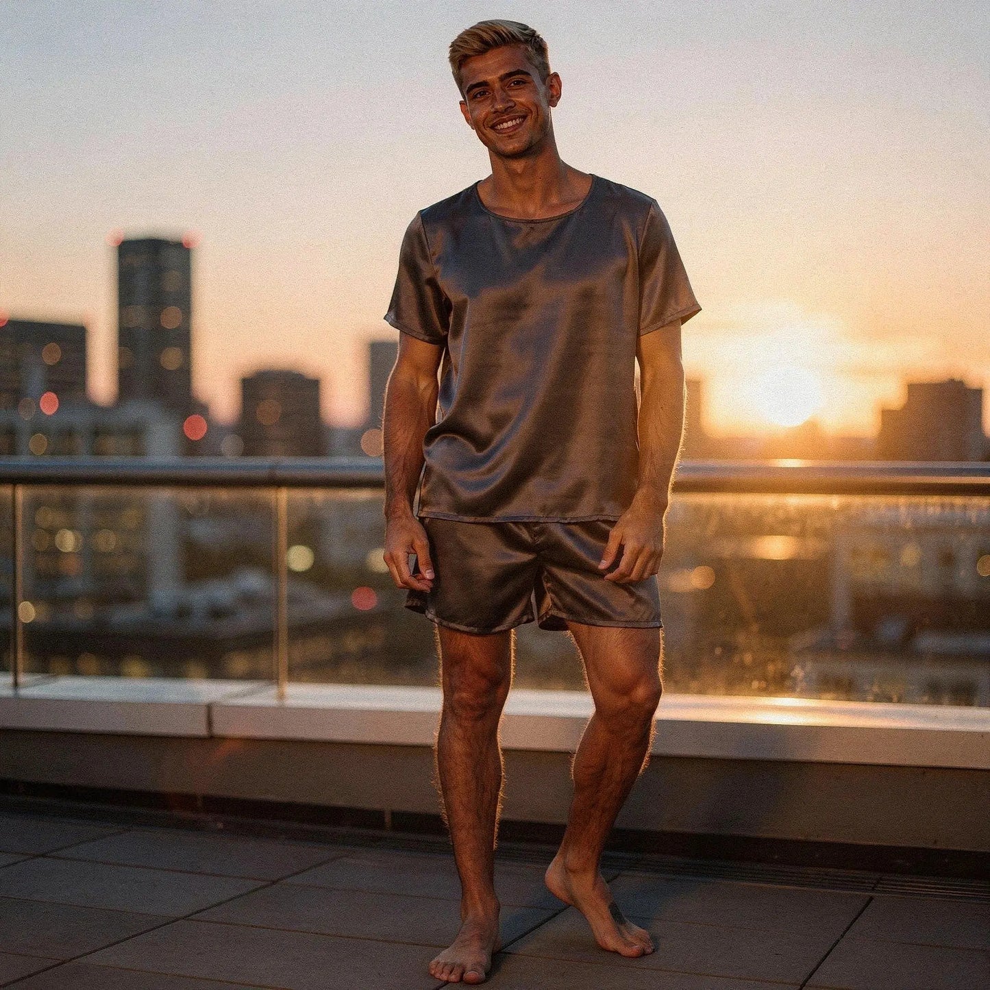 Light gray short sleeve pajama set with round neck and matching shorts, featuring a relaxed fit and soft fabric