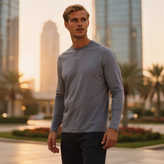 View of a slim fit long sleeve crew neck t shirt in dark gray, made