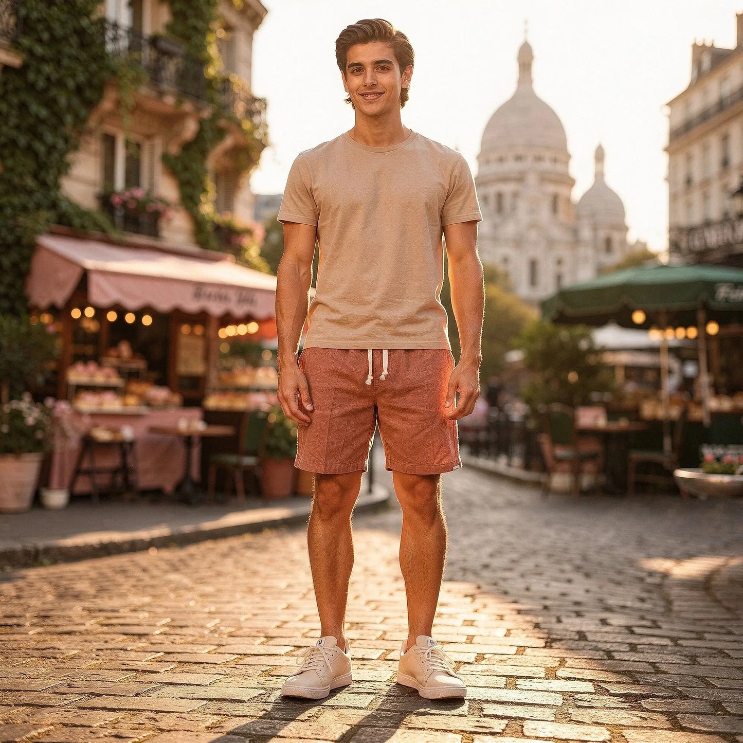 Light beige linen shorts with a relaxed fit, knee length, featuring a drawstring waistband and pockets, view
