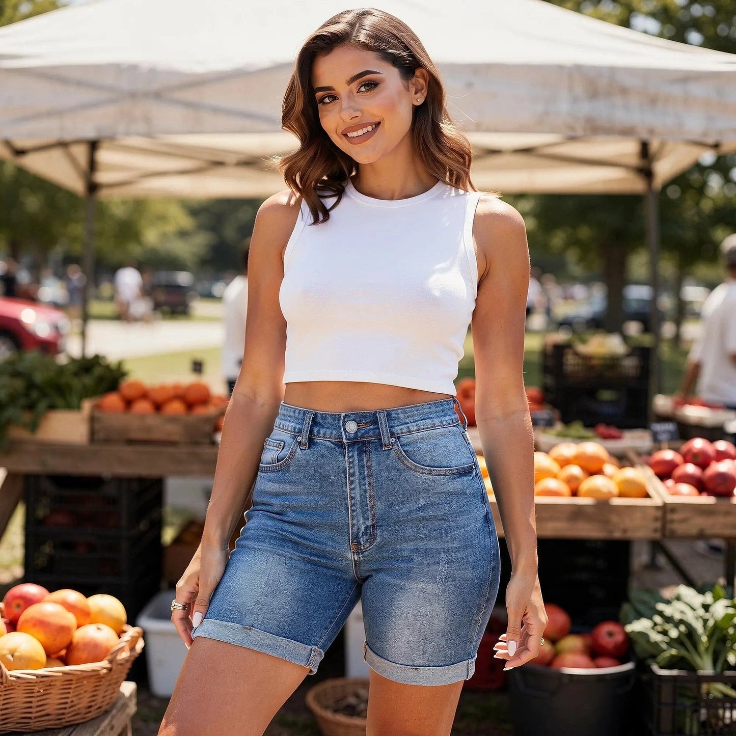 Light blue high waist stretch fit Bermuda jean shorts with a casual everyday design, detailed view showcasing fabric texture and stitching