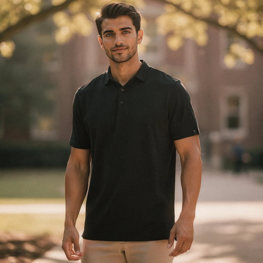 View of a navy blue slim fit short sleeve polo shirt with a V neck and soft, breathable fabric