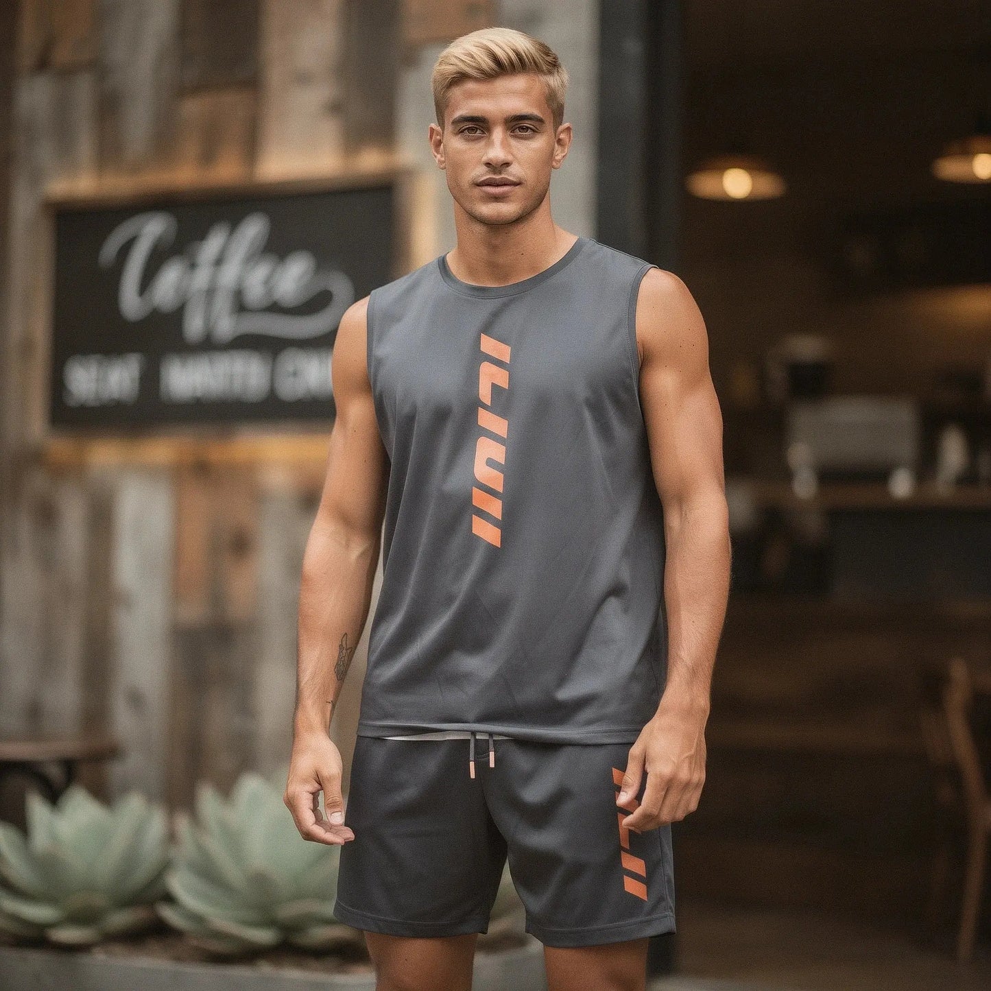 View of a relaxed fit short sleeve crew neck t shirt and jogging shorts set in light gray cotton fabric