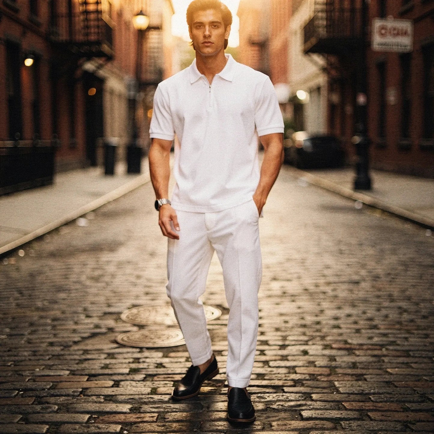 View of a slim fit short sleeve sport suit set in dark gray, featuring a zipper and lightweight fabric