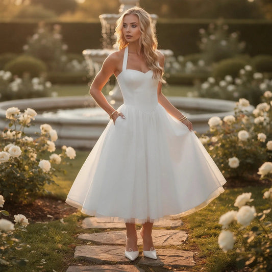 View of a fitted halter neck midi dress in soft pastel pink, featuring a flowing skirt and elegant silhouette