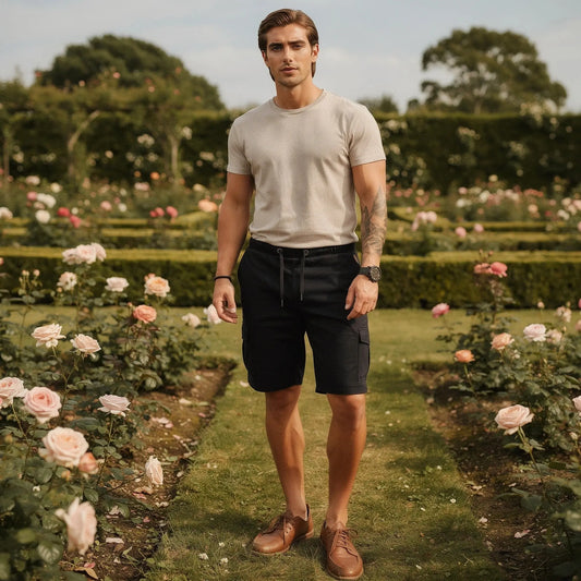 View of relaxed fit baggy cargo shorts in khaki, featuring a drawstring waist and multiple pockets