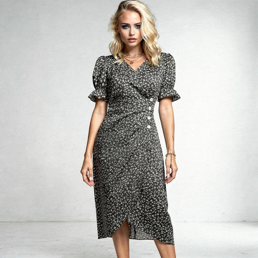 View of a flowy midi summer dress featuring puff sleeves, a wrap design, and a vibrant floral pattern