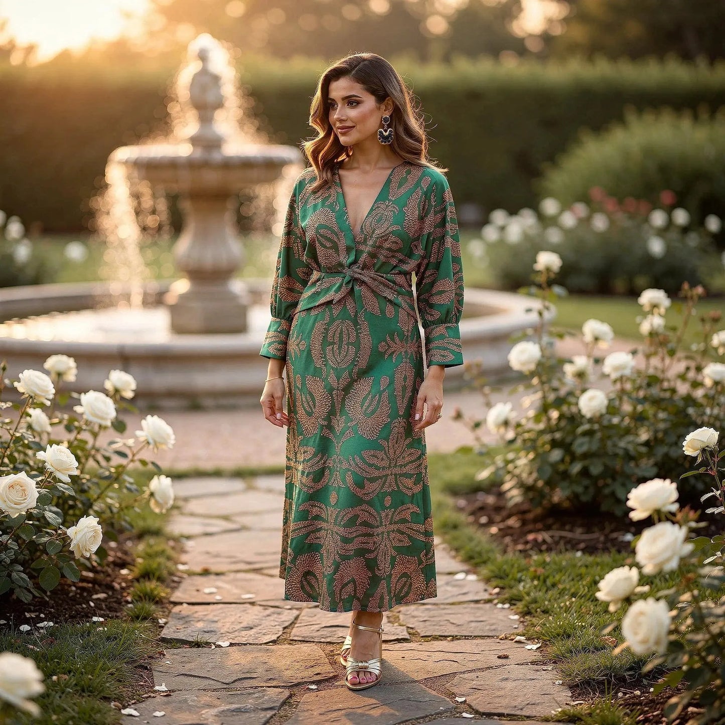 View of a violet A line maxi dress with a V neck, featuring a flowing silhouette and elegant design