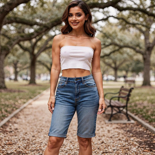 View of high waist stretch fit Bermuda jean shorts in light blue denim, showcasing the fabric texture and stitching