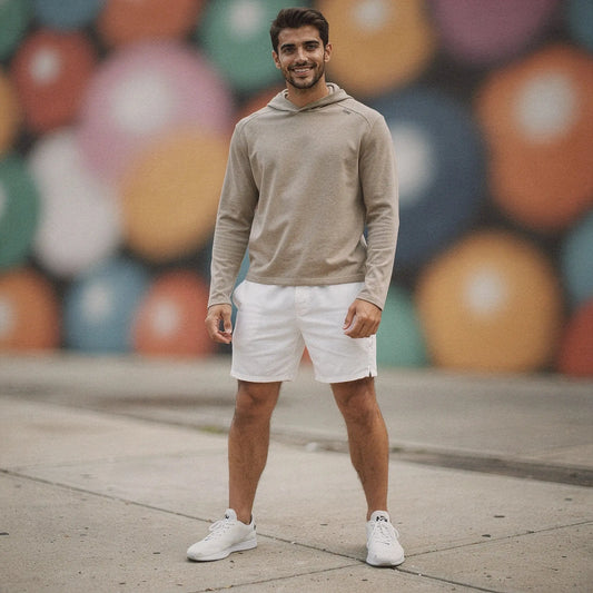Lightweight gray hoodie with a slim fit, long sleeves, and a view showcasing the clean design and stitching