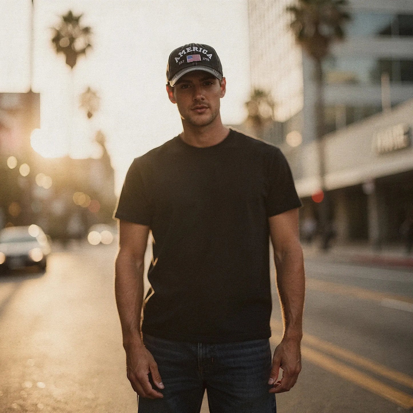 View of a relaxed fit baseball cap in vintage washed denim, featuring a snapback closure and curved brim