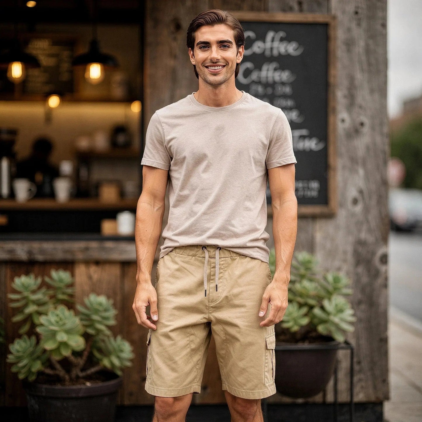 View of relaxed fit baggy cargo shorts in khaki, featuring drawstring waist and multiple pockets, ideal for summer wear