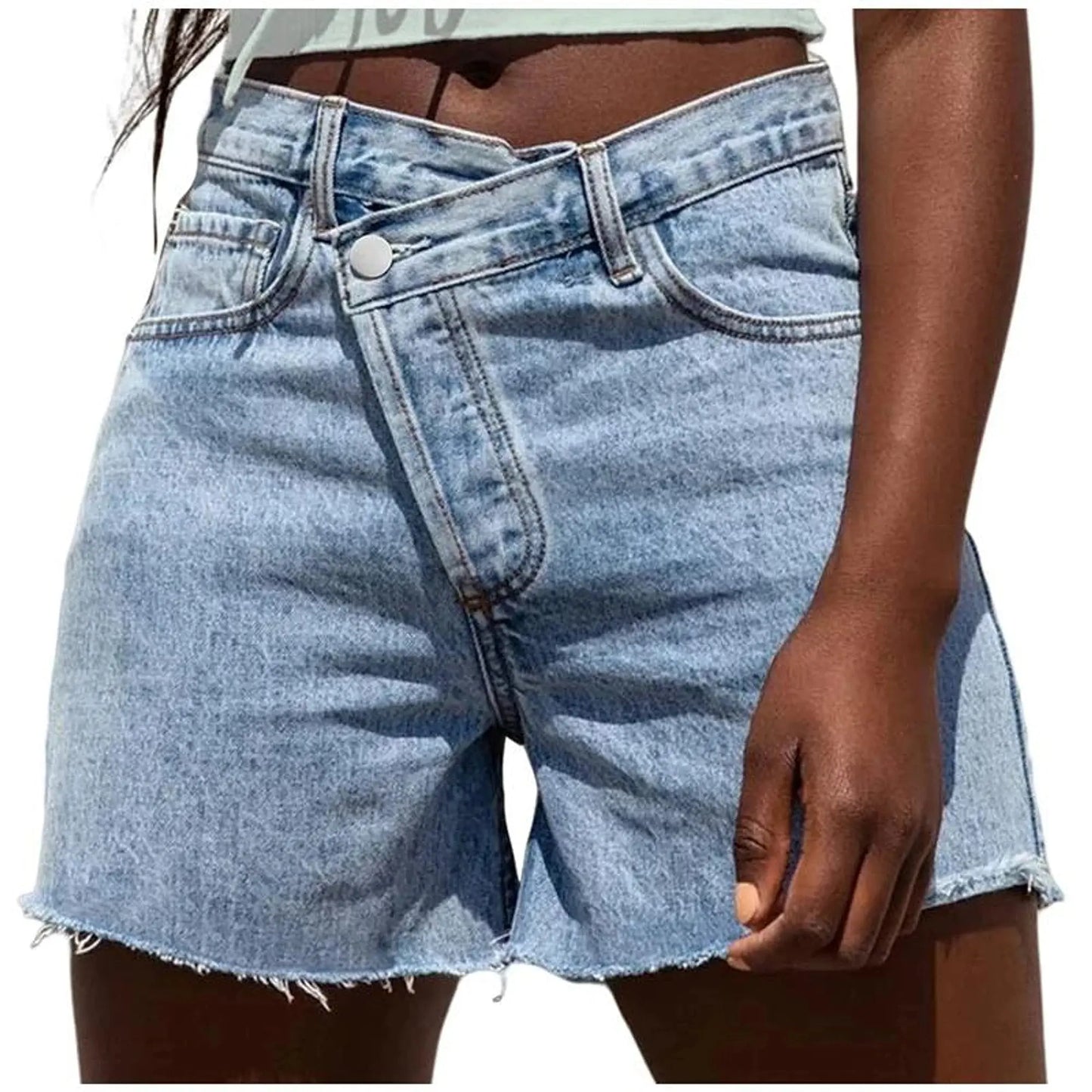 Light beige high waisted summer shorts with a relaxed fit, featuring a crossover design and soft fabric, view
