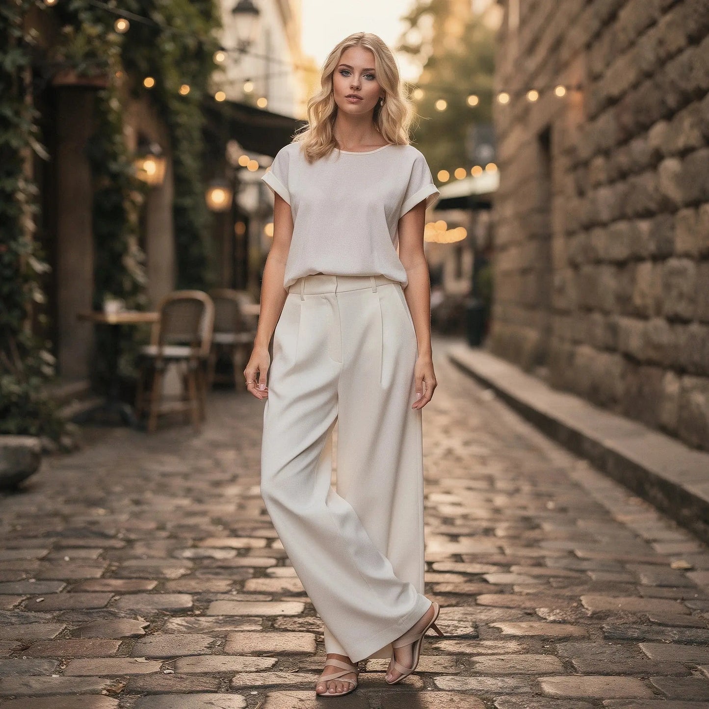 Light beige high waist wide leg casual pants made from soft fabric, featuring a relaxed fit and detailed stitching, view
