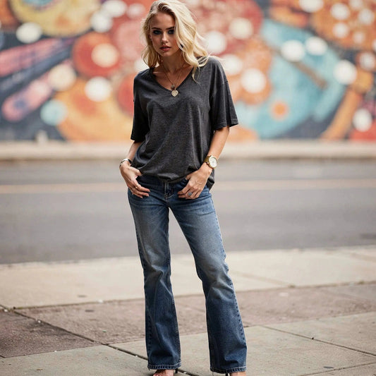 View of a relaxed fit crew neck cropped t shirt in soft cotton, featuring short sleeves and a casual design