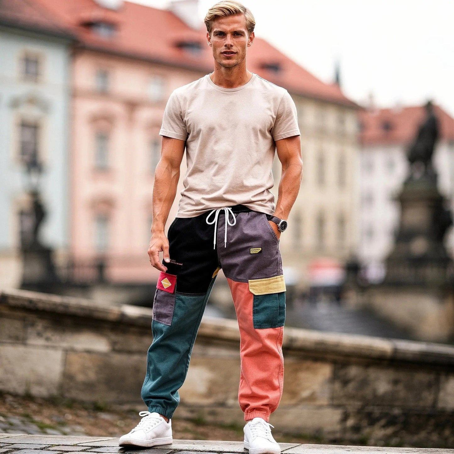 View of gray baggy relaxed fit cargo joggers featuring a drawstring waistband and multiple pockets