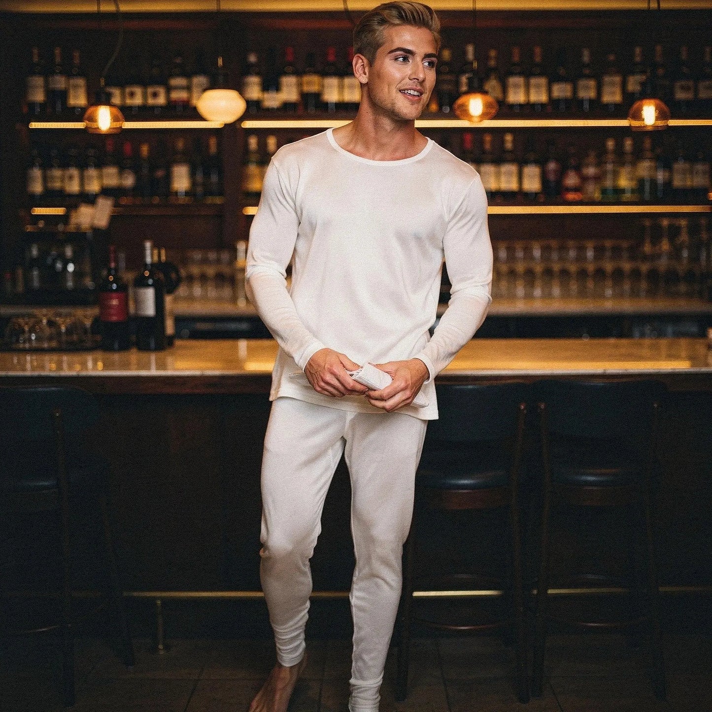 View of navy blue slim fit long sleeve crew neck long johns made