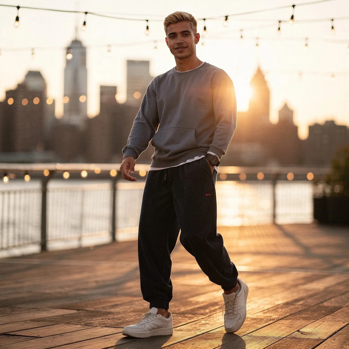 View of relaxed fit tapered joggers in soft beige corduroy, featuring a drawstring waist and pockets