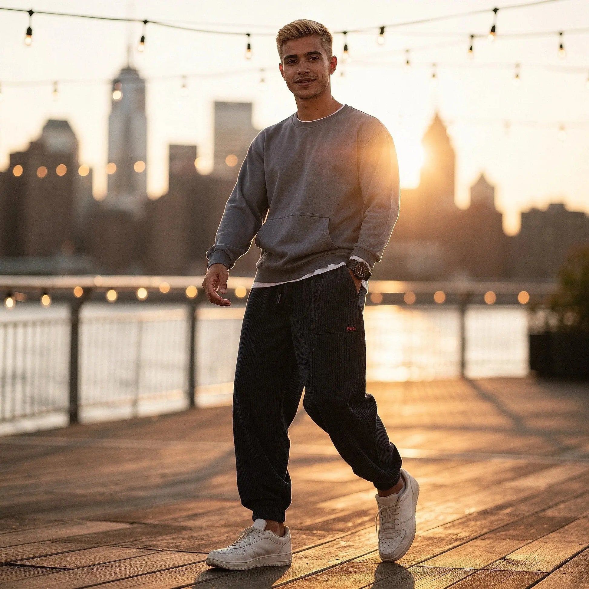 View of relaxed fit tapered joggers in soft beige corduroy, featuring a drawstring waist and pockets