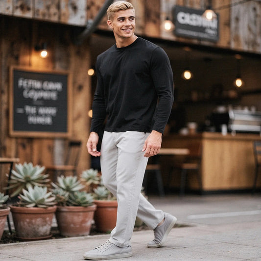 View of a slim fit long sleeve crew neck casual t shirt in dark gray cotton fabric