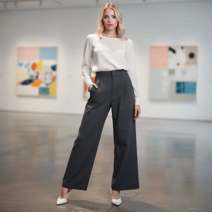 View of relaxed fit high waist wide leg casual pants in soft fabric, featuring a light beige color and subtle pleats