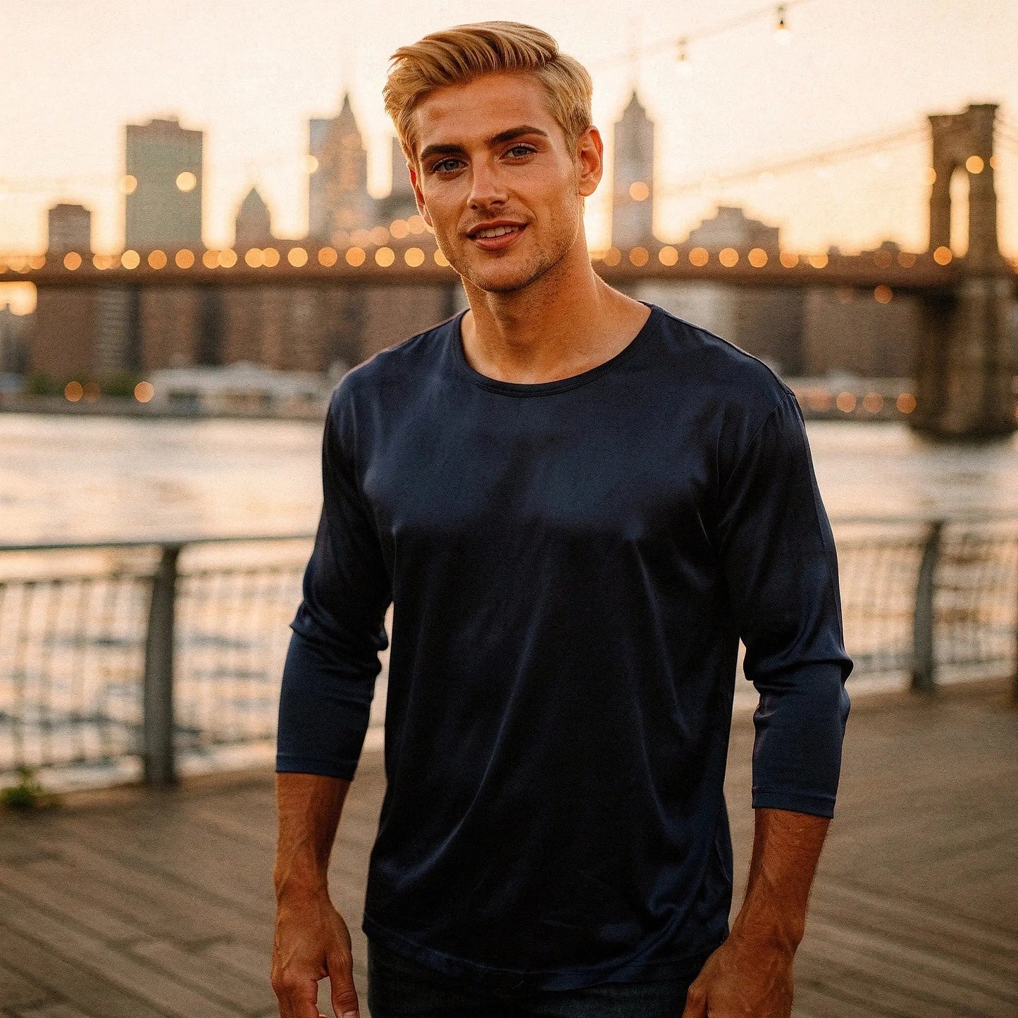 View of navy blue slim fit long sleeve crew neck long johns, featuring soft fabric and a comfortable fit