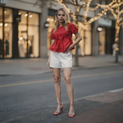 View of high waist mini length casual shorts in light beige, featuring a relaxed fit and soft fabric