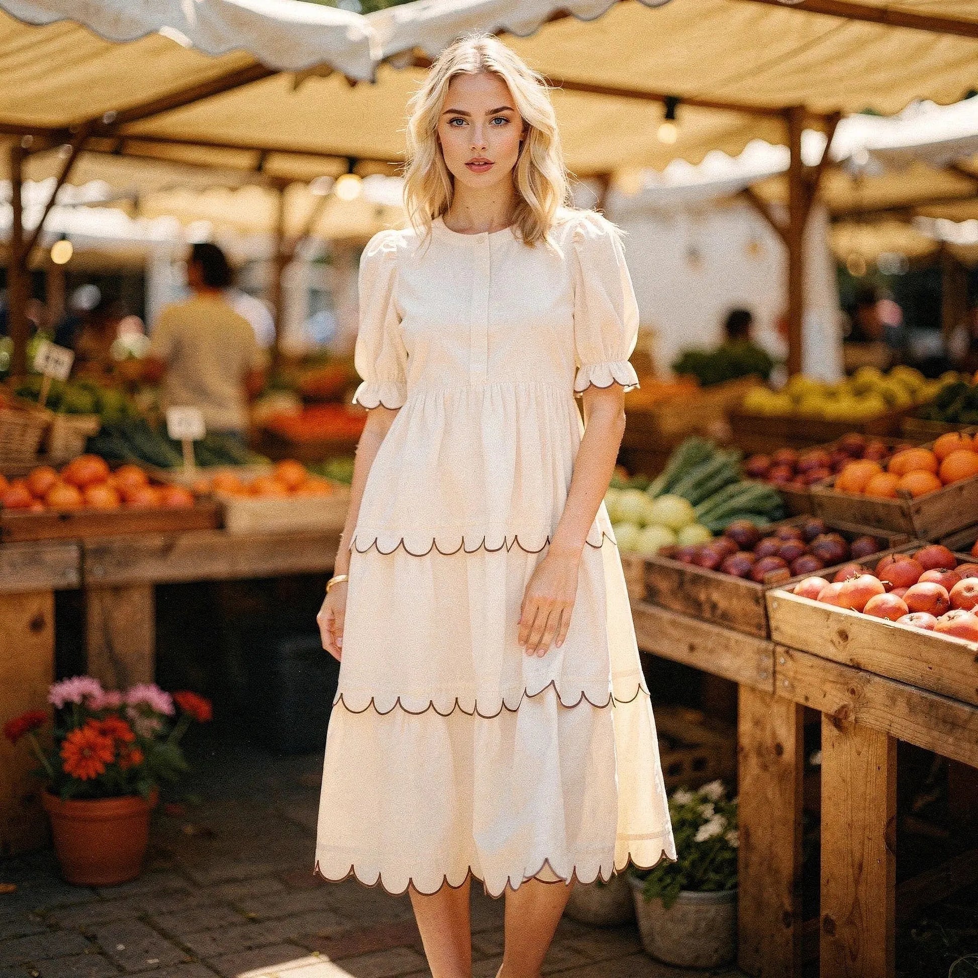 View of a flowy A line midi dress in soft fabric, featuring a round neck and vibrant floral pattern