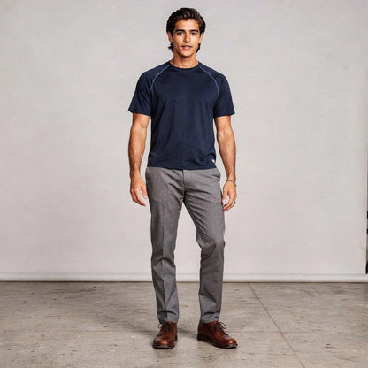 View of a slim fit crew neck short sleeve casual performance t shirt in dark gray, made