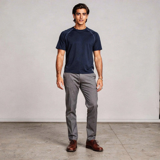 View of a slim fit crew neck short sleeve casual performance t shirt in dark gray, made