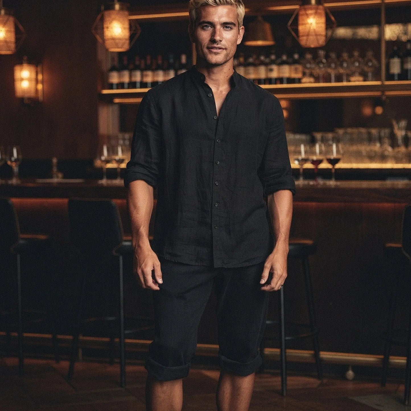 View of a relaxed fit long sleeve lightweight cotton set in soft gray, featuring a simple design and comfortable fit