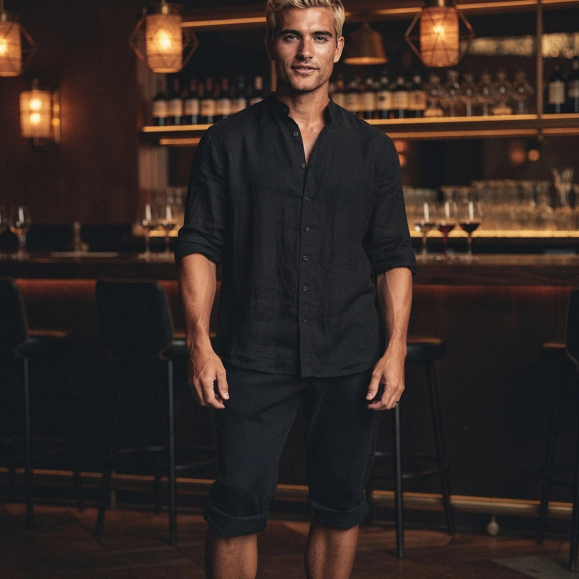 View of a relaxed fit long sleeve lightweight cotton set in soft gray, featuring a simple design and comfortable fit
