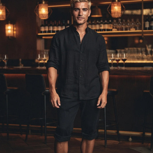 View of a relaxed fit long sleeve lightweight cotton set in soft gray, featuring a simple design and comfortable fit