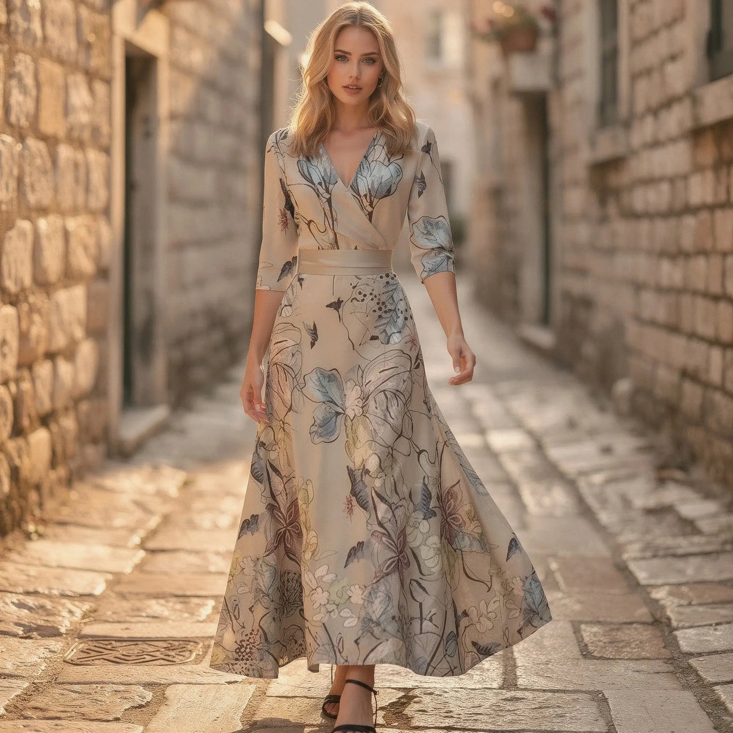 View of a flowy v neck maxi dress in soft fabric, featuring a vibrant floral pattern and relaxed silhouette