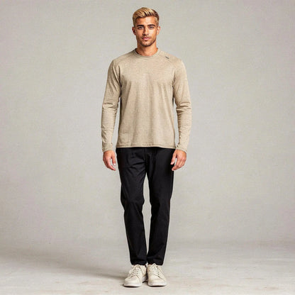 View of a relaxed fit crew neck long sleeve t shirt in dark gray, made