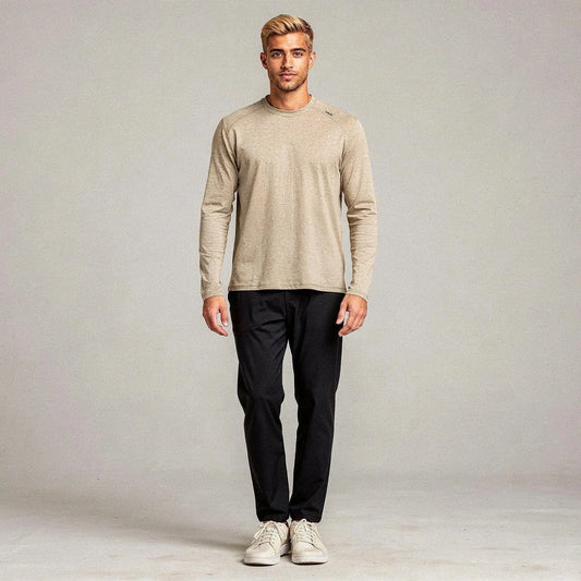 View of a relaxed fit crew neck long sleeve t shirt in dark gray, made