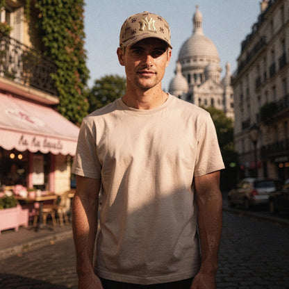 View of a gray slim fit crew neck short sleeve casual tee, showcasing the soft fabric and clean stitching