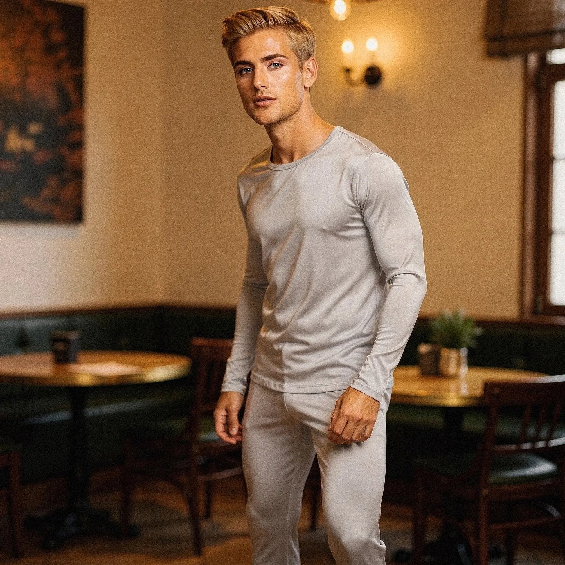 View of slim fit long sleeve crew neck long johns in dark gray, made