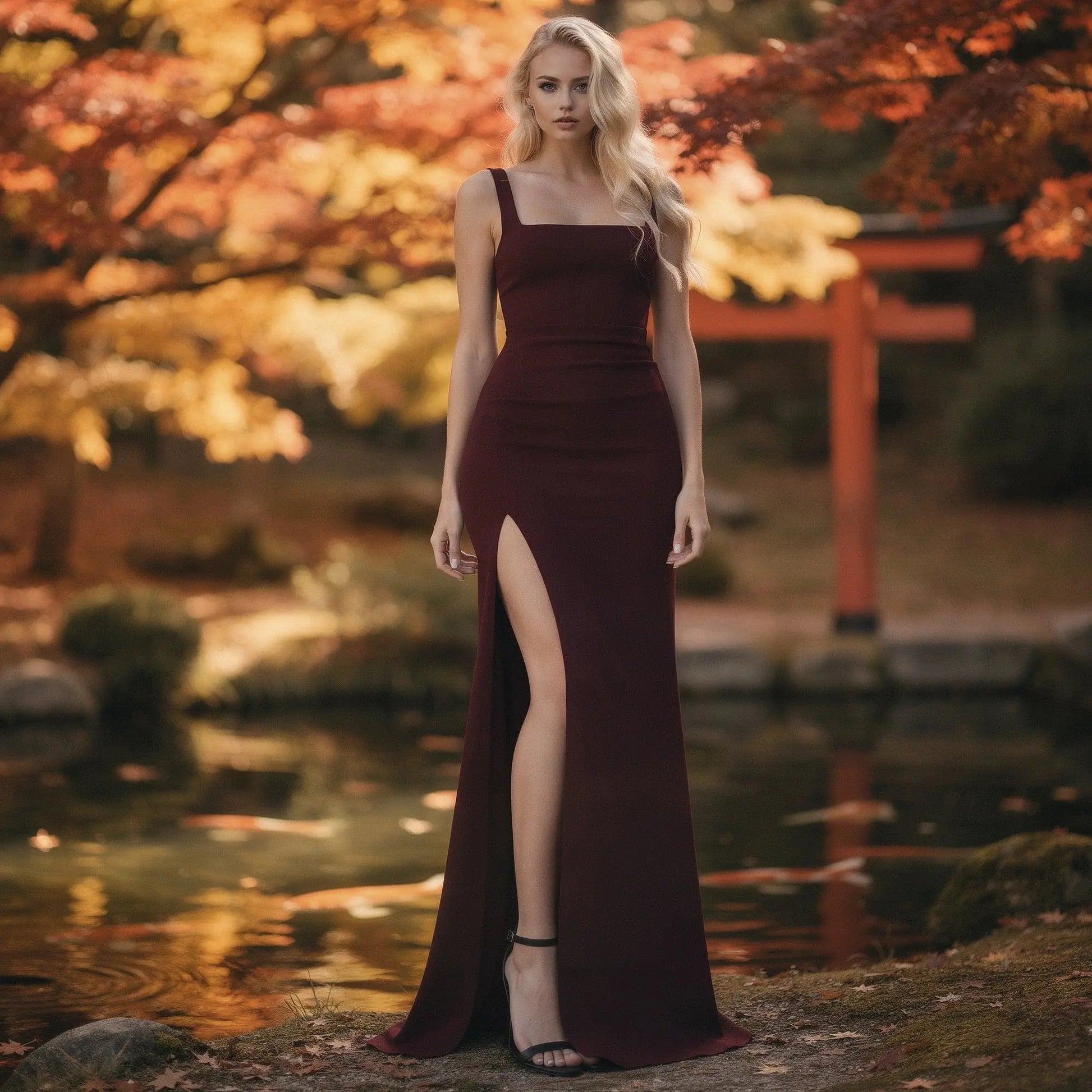 View of a fitted square neck maxi evening dress in deep burgundy, featuring a high slit and elegant fabric draping