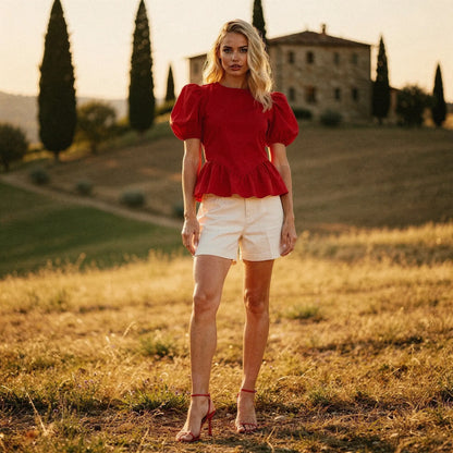 View of high waist mini length casual shorts in light beige, featuring a relaxed fit and soft fabric texture