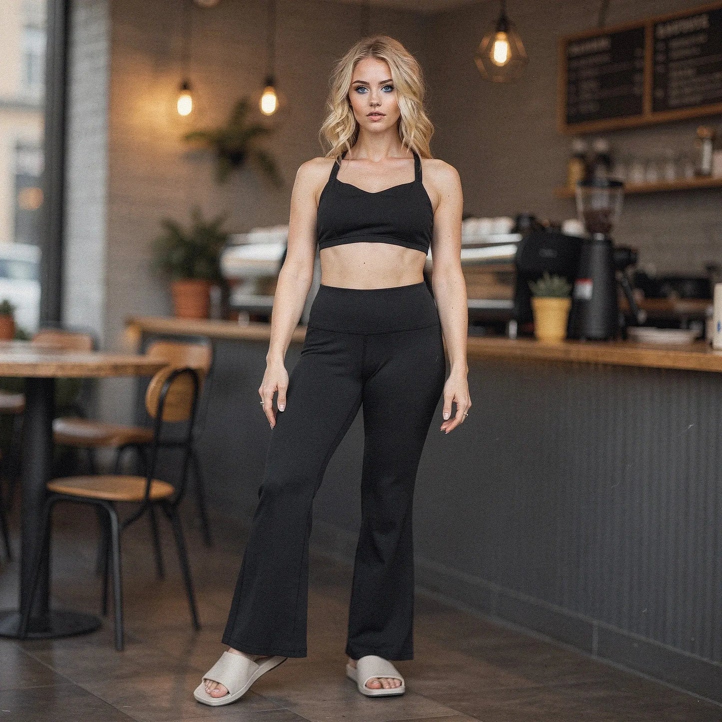 View of high waist flared bootcut yoga pants in black, featuring a comfortable fit and soft stretch fabric