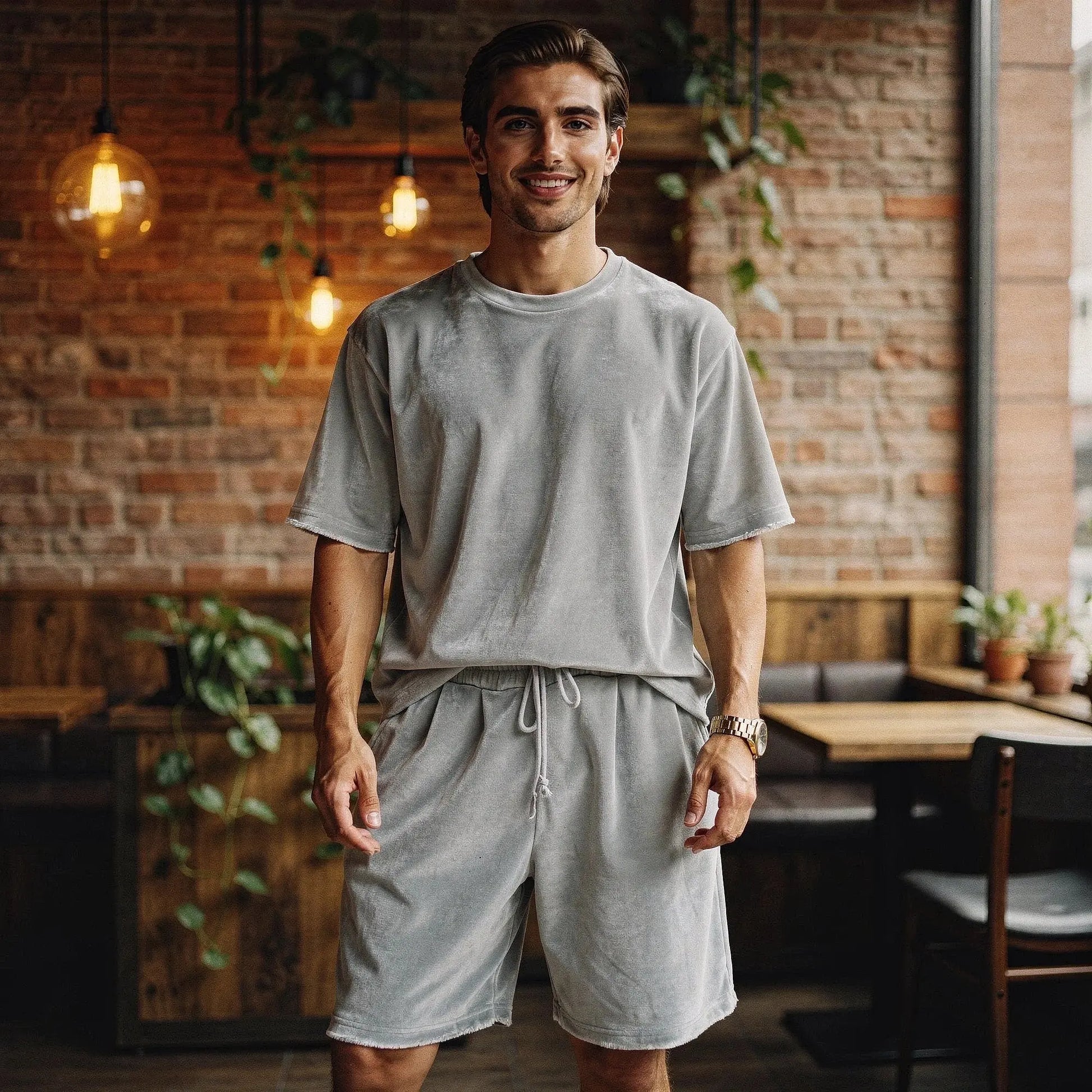 View of a relaxed fit crew neck short sleeve sports set in light gray, showcasing soft fabric and casual design elements