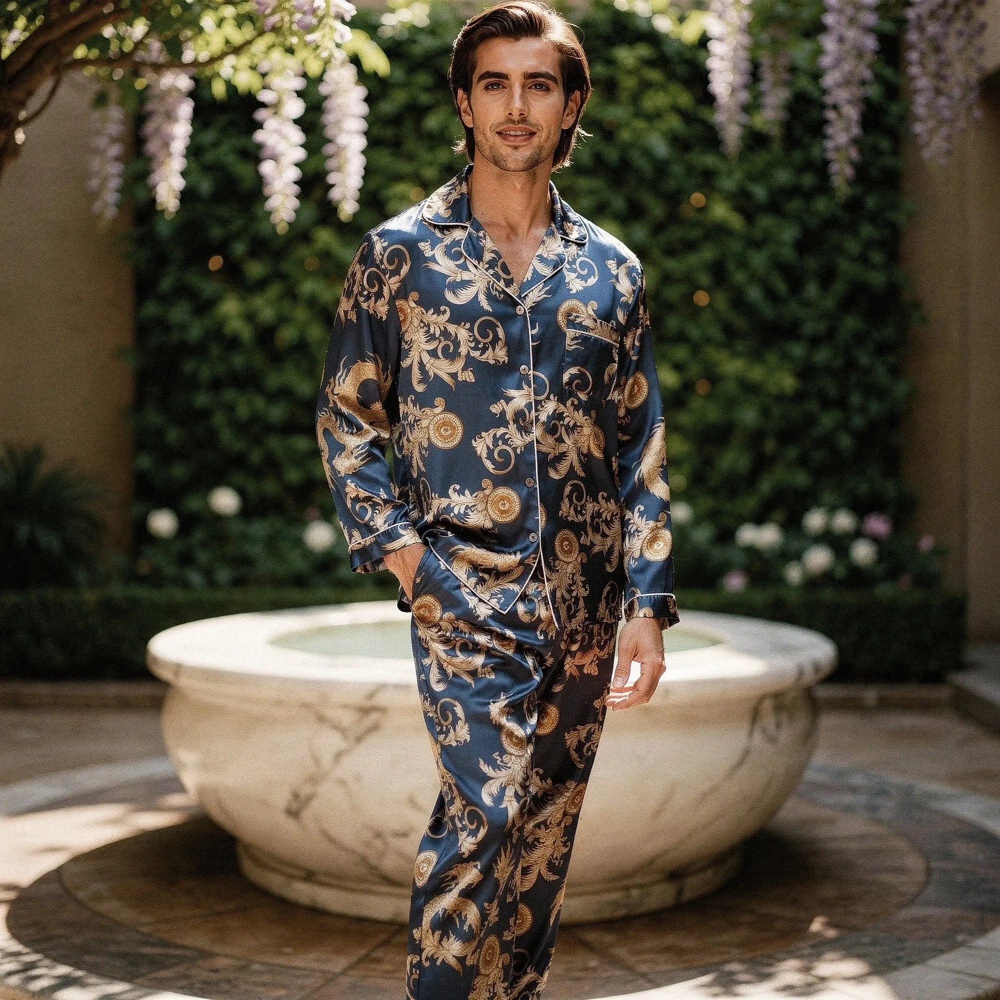 View of relaxed fit long sleeve silk pajamas set in deep navy blue with notch collar and matching pants