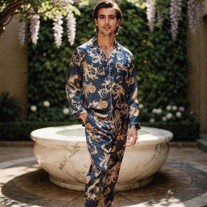 View of relaxed fit long sleeve silk pajamas set in deep navy blue with notch collar and matching pants