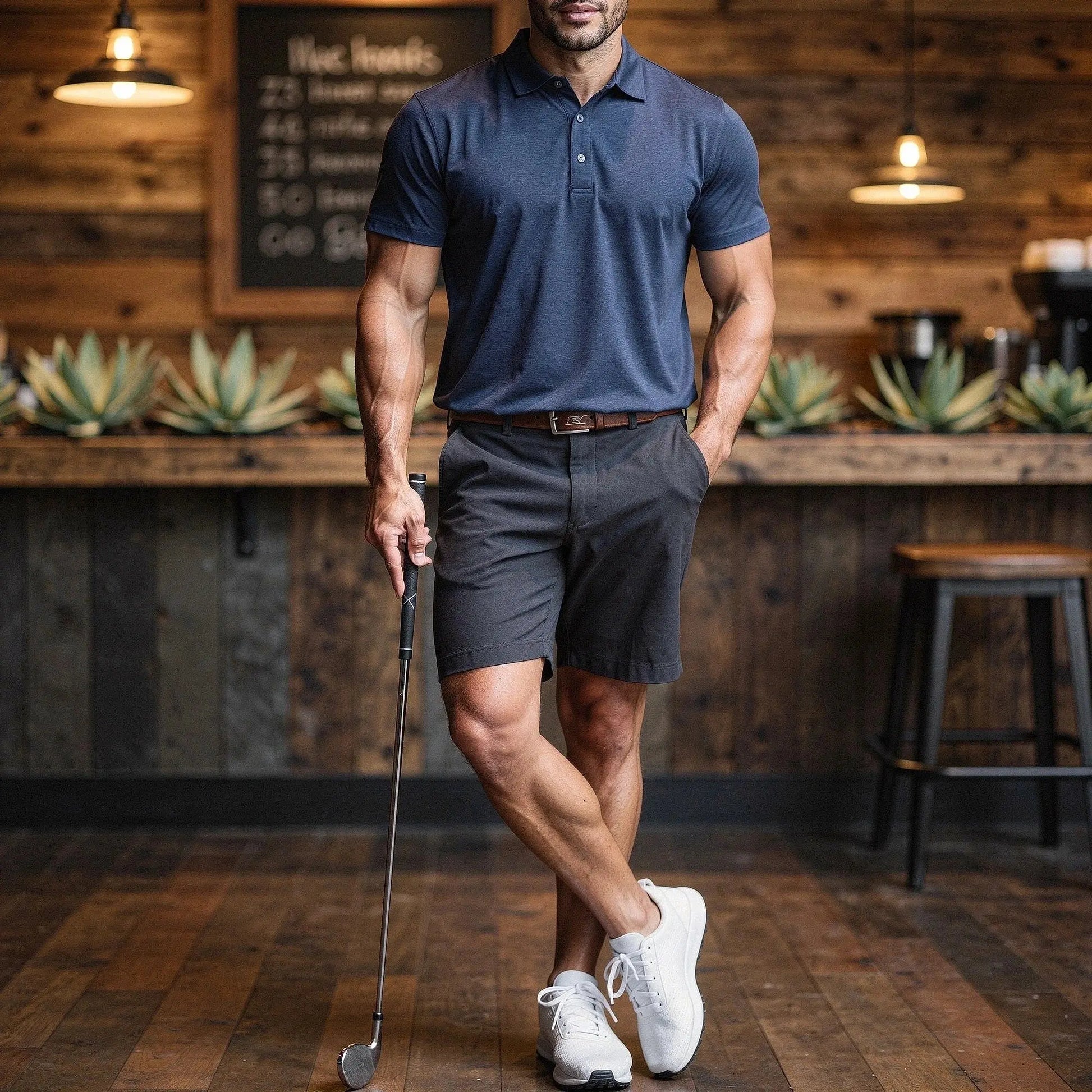 View of a navy blue slim fit short sleeve polo shirt featuring a V neck and soft cotton material