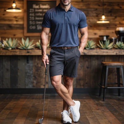 View of a navy blue slim fit short sleeve polo shirt featuring a V neck and soft cotton material