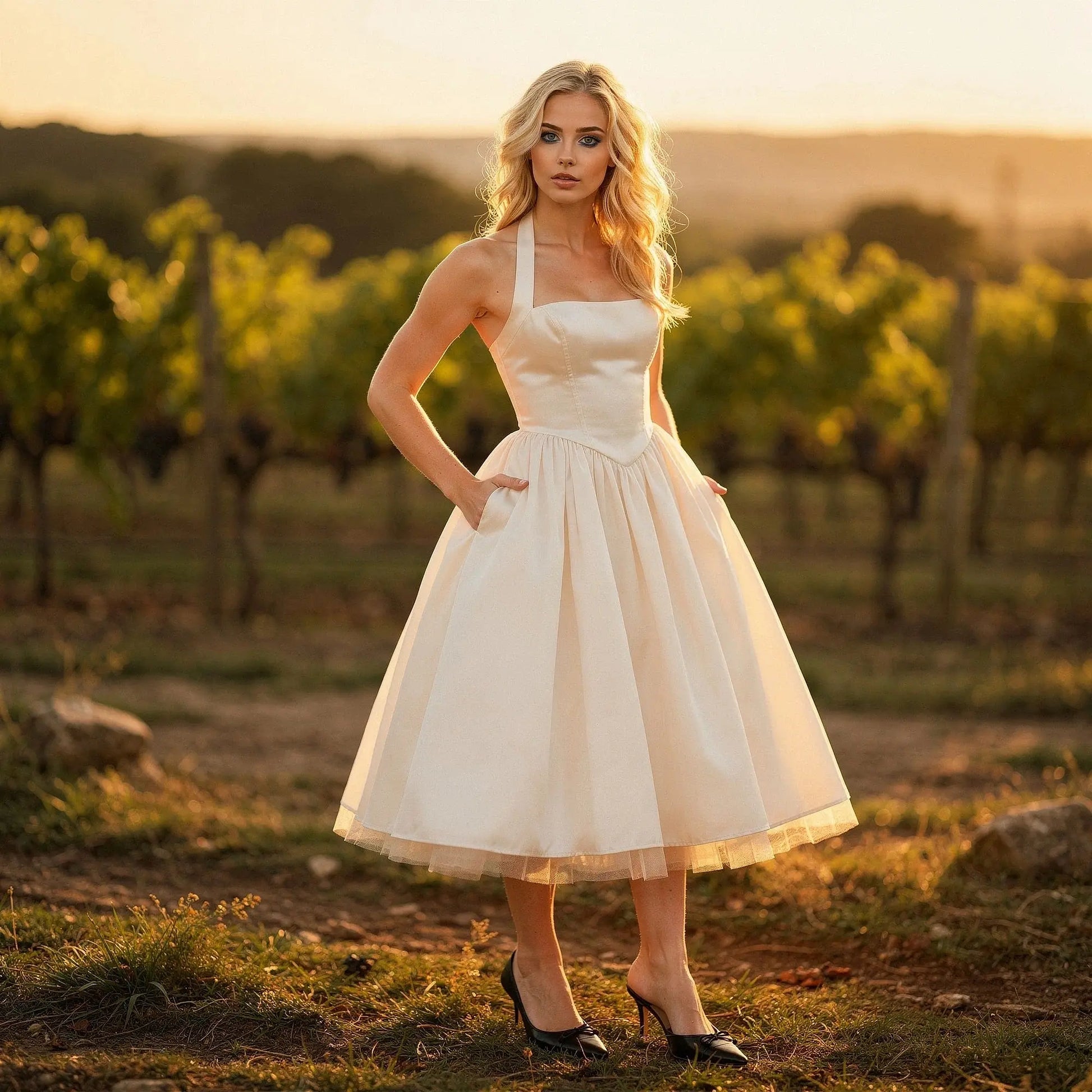 View of a fitted halter neck midi dress in soft lavender fabric, featuring a flowing skirt and elegant neckline