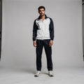 View of a relaxed fit crew neck short sleeve sportswear set in light gray, featuring soft fabric and casual styling