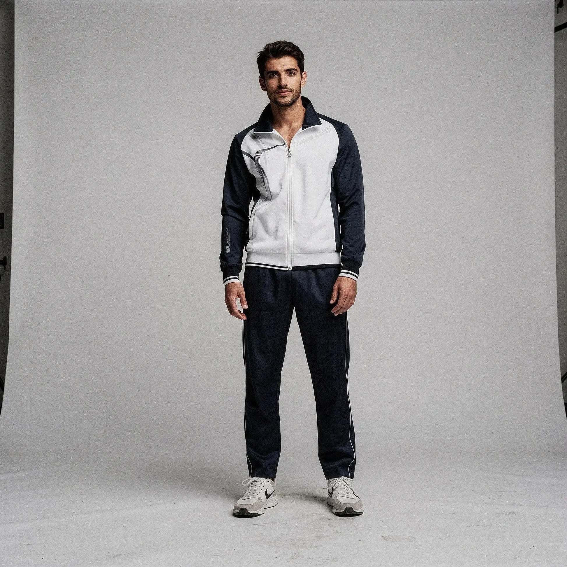 View of a relaxed fit crew neck short sleeve sportswear set in light gray, featuring soft fabric and casual styling
