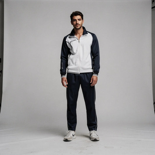 View of a relaxed fit crew neck short sleeve sportswear set in light gray, featuring soft fabric and casual styling